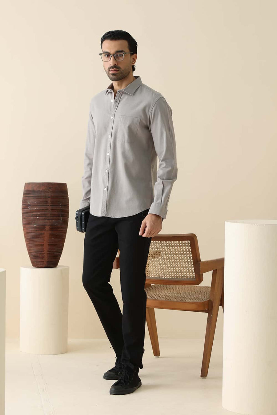 BASICS SLIM FIT FROST GREY COTTON HOPSACK DOBBY SHIRT