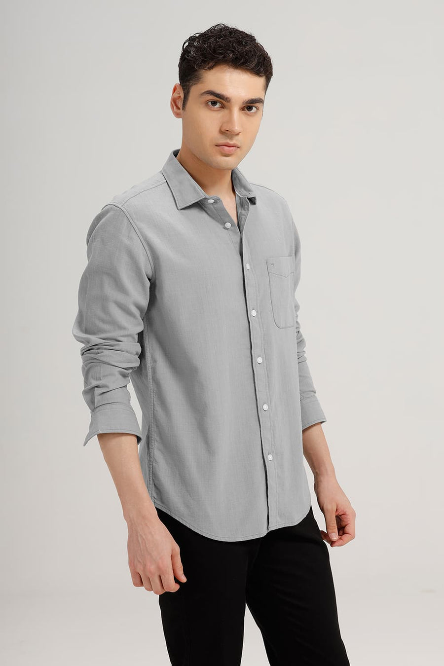 BASICS SLIM FIT FROST GREY COTTON HOPSACK DOBBY SHIRT