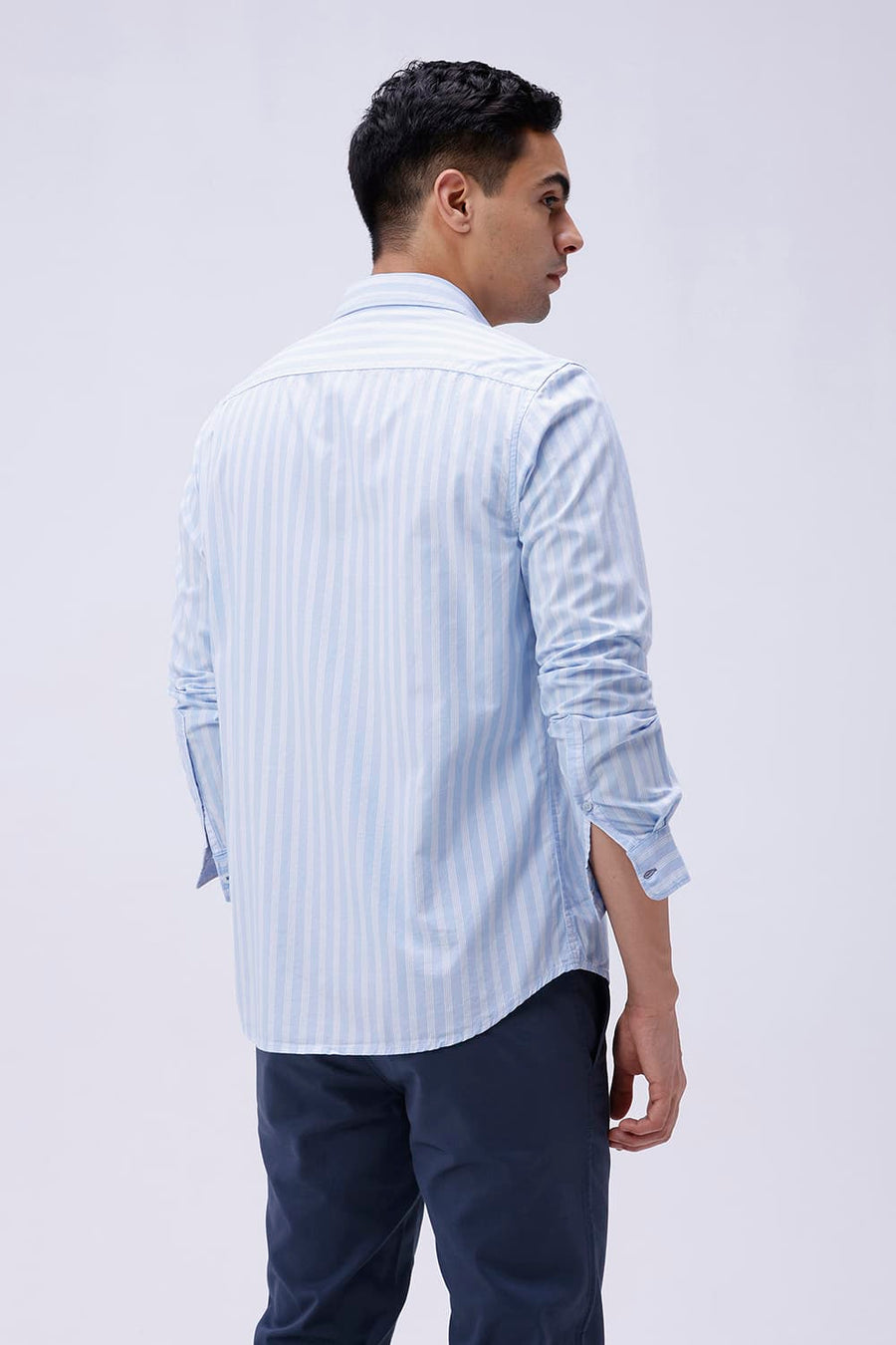 BASICS SLIM FIT SKY BLUE COTTON STRIPE SHIRT