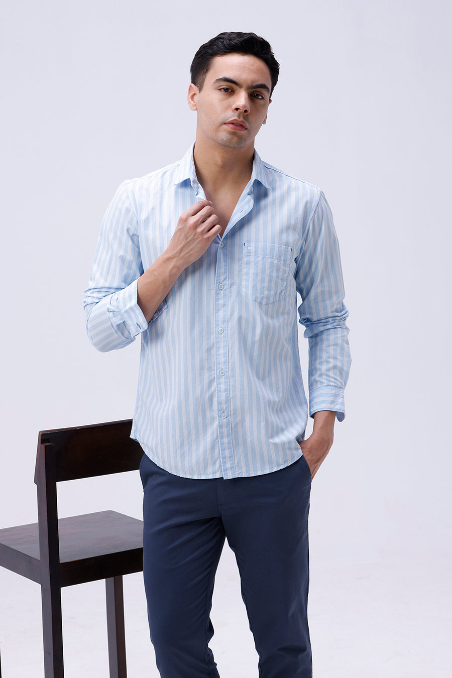 BASICS SLIM FIT SKY BLUE COTTON STRIPE SHIRT