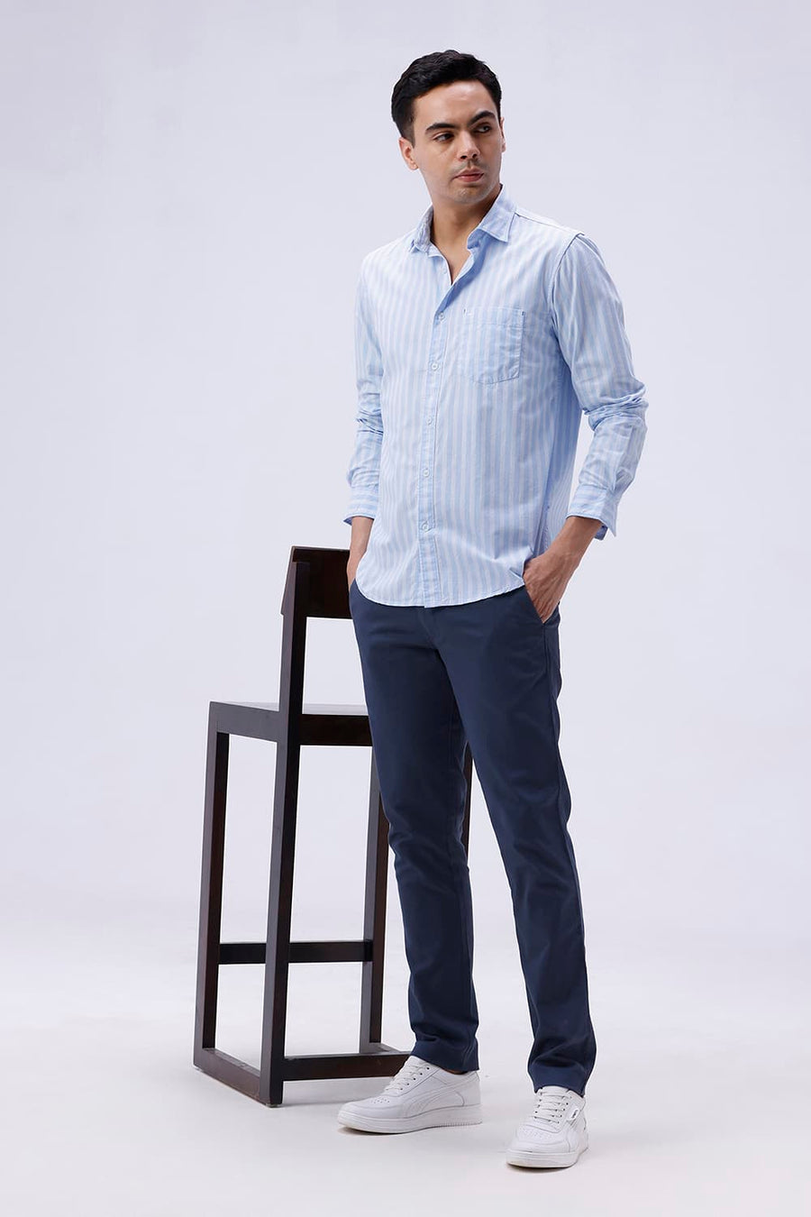 BASICS SLIM FIT SKY BLUE COTTON STRIPE SHIRT
