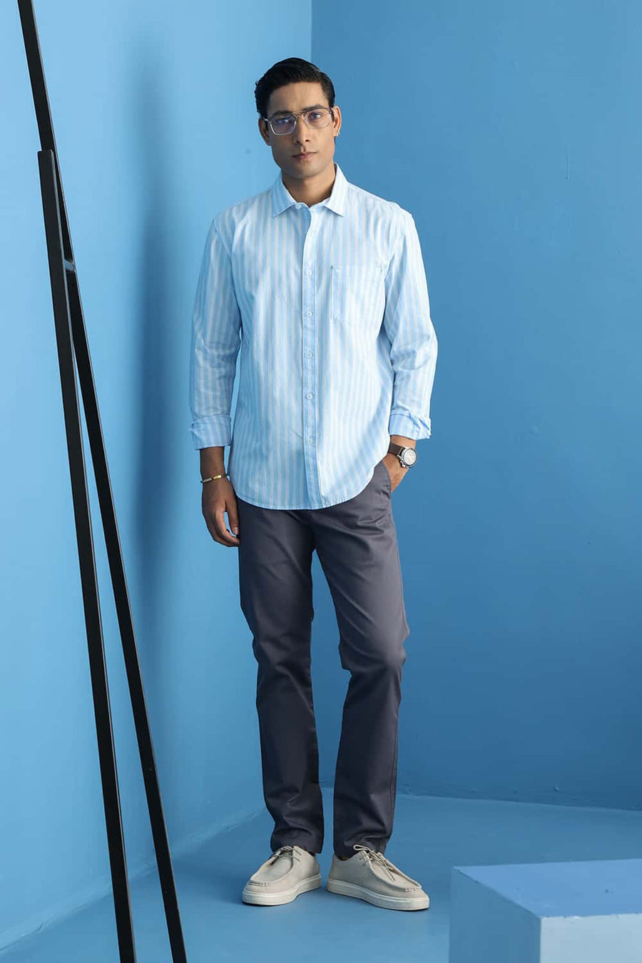 BASICS SLIM FIT SKY BLUE COTTON STRIPE SHIRT