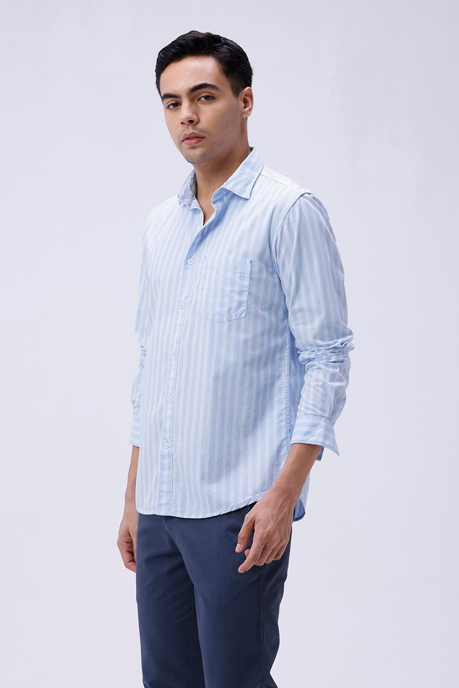BASICS SLIM FIT SKY BLUE COTTON STRIPE SHIRT