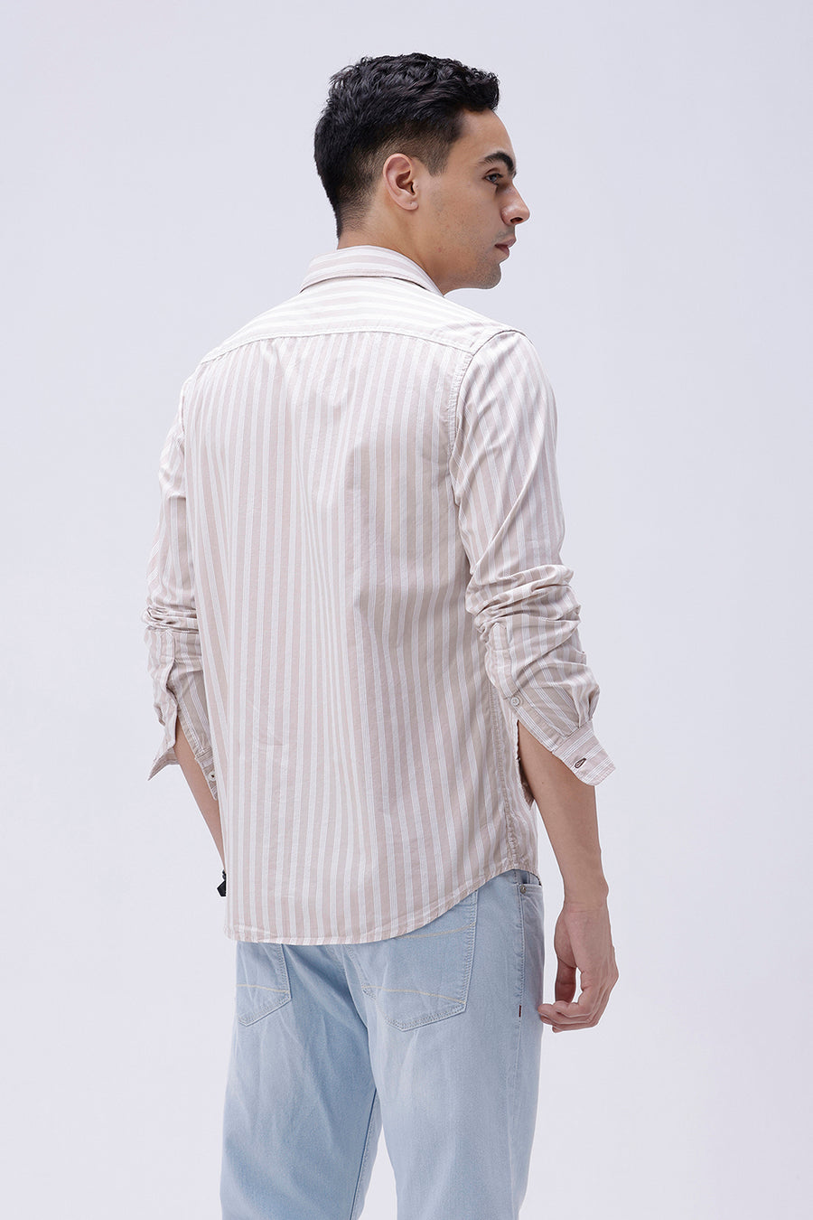 BASICS SLIM FIT MOONLIGHT BEIGE COTTON STRIPE SHIRT