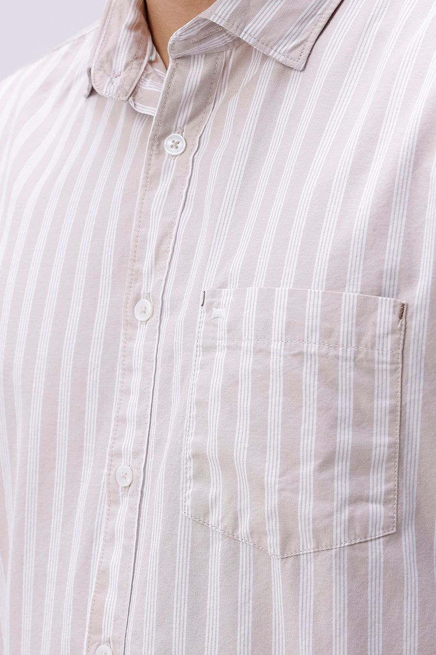 BASICS SLIM FIT MOONLIGHT BEIGE COTTON STRIPE SHIRT