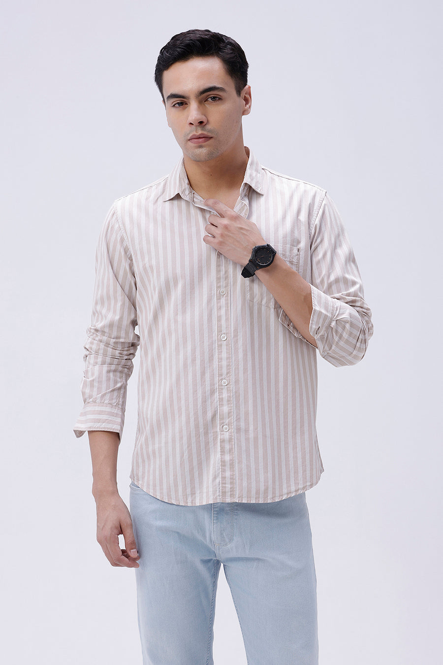BASICS SLIM FIT MOONLIGHT BEIGE COTTON STRIPE SHIRT