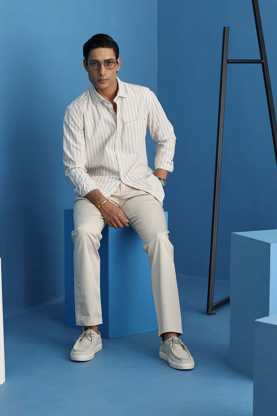 BASICS SLIM FIT MOONLIGHT BEIGE COTTON STRIPE SHIRT
