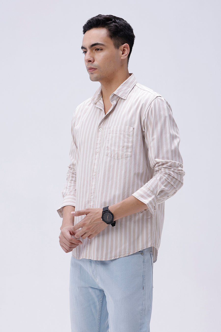 BASICS SLIM FIT MOONLIGHT BEIGE COTTON STRIPE SHIRT