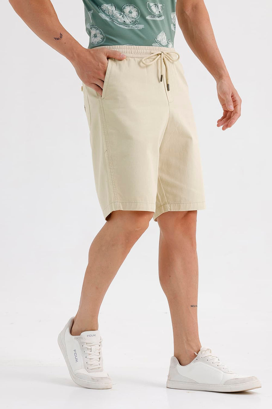 BASICS COMFORT FIT WOOD ASH BEIGE COTTON STRUCTURE SHORTS