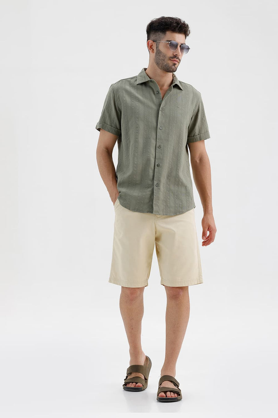 BASICS COMFORT FIT MOJAVE BEIGE COTTON STRUCTURE SHORTS