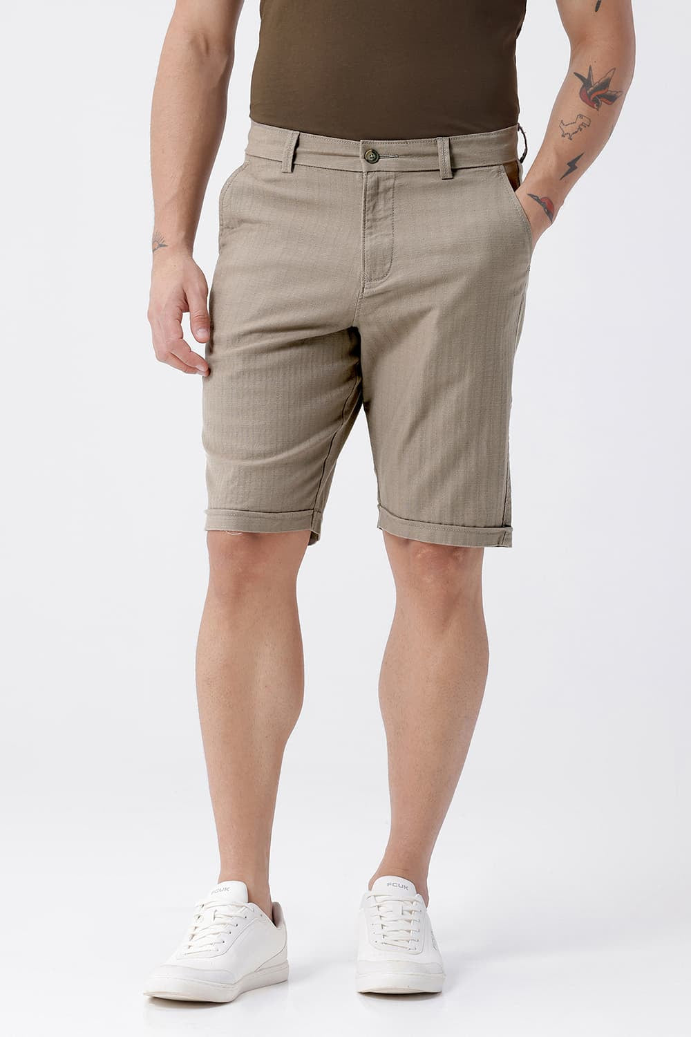 BASICS COMFORT FIT SILVRER SAGE BROWN COTTON STRETCH DOLPHIN DOBBY SORTS