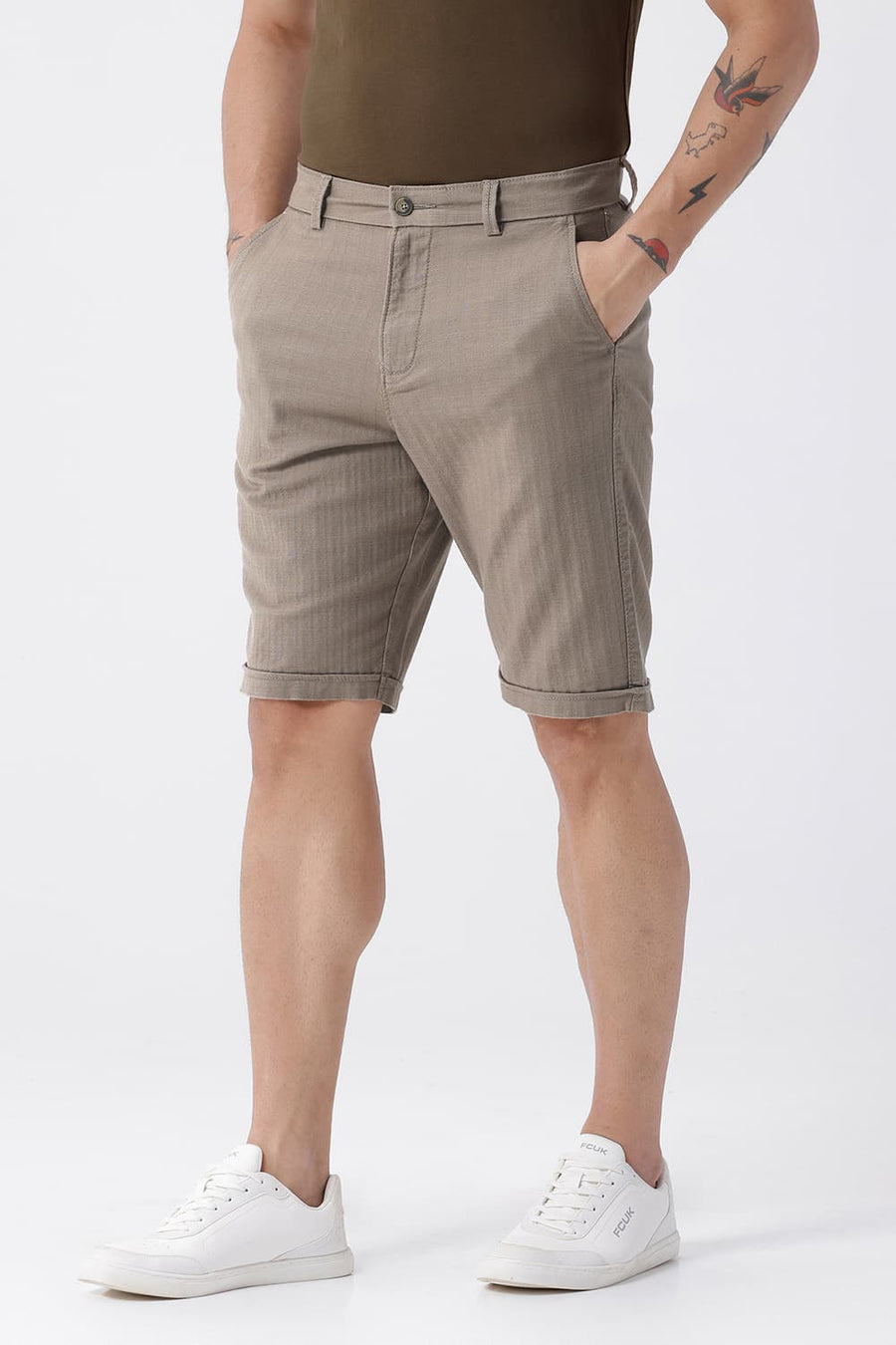 BASICS COMFORT FIT SILVRER SAGE BROWN COTTON STRETCH DOLPHIN DOBBY SORTS
