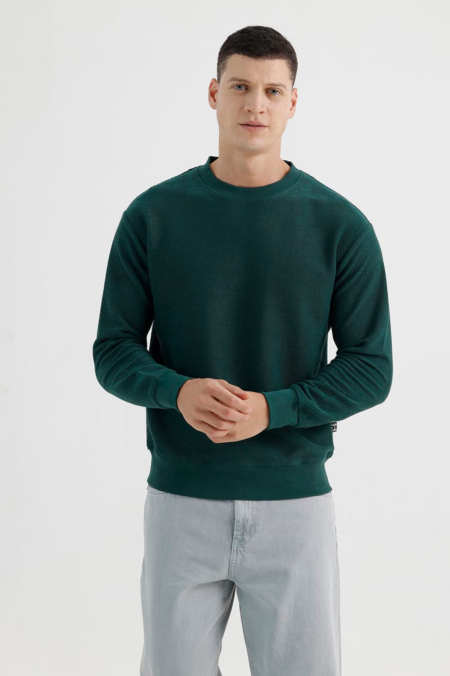 BASICS COMFORT FIT BISTRO GREEN COTTON CREW SWEART SHIRT