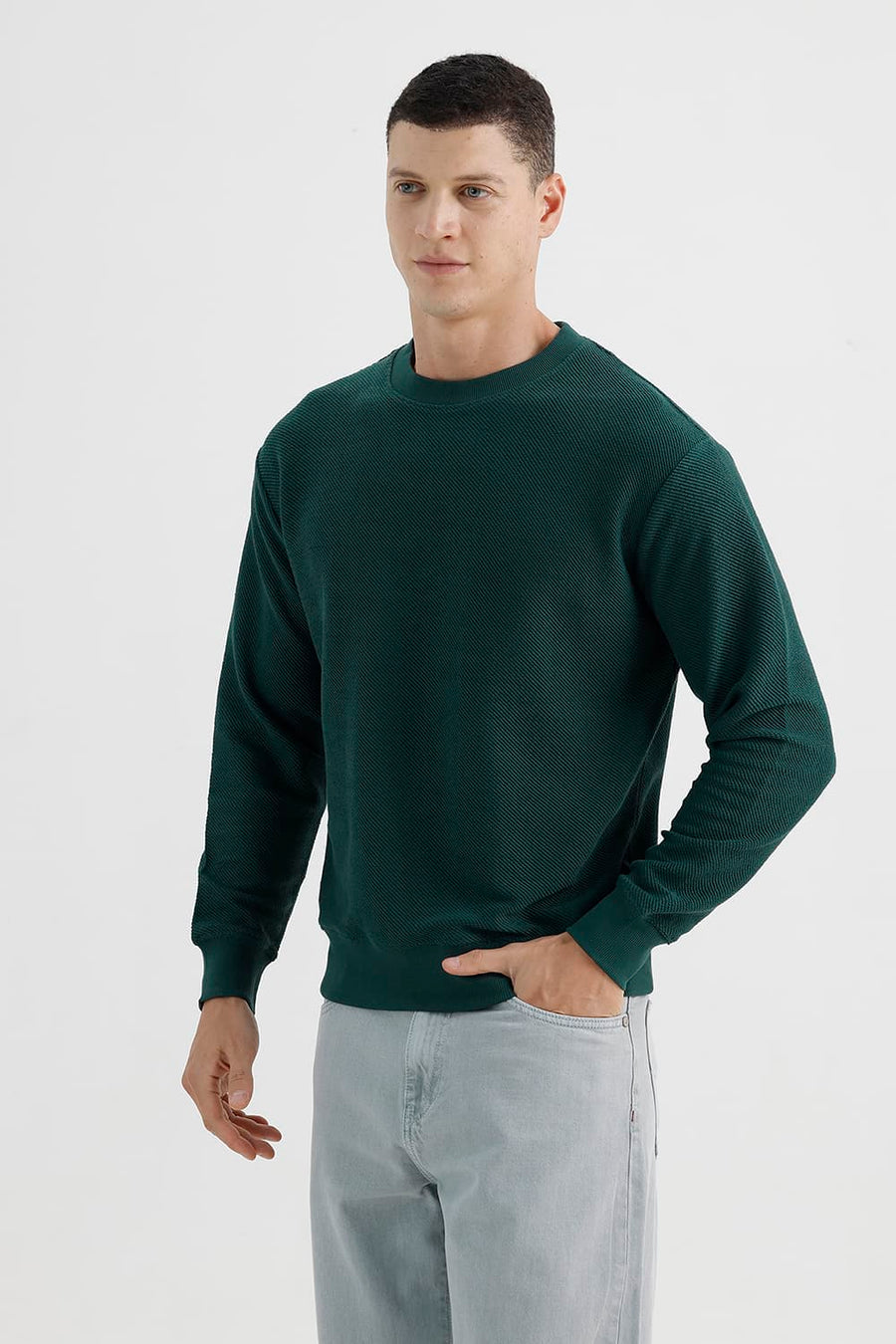 BASICS COMFORT FIT BISTRO GREEN COTTON CREW SWEART SHIRT