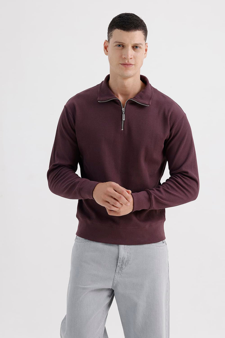 BASICS COMFORT FIT RAISIN COTTON HIGH NECK FULL ZIPPER SWEART SHIRT