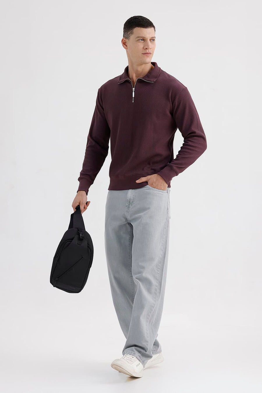 BASICS COMFORT FIT RAISIN COTTON HIGH NECK FULL ZIPPER SWEART SHIRT