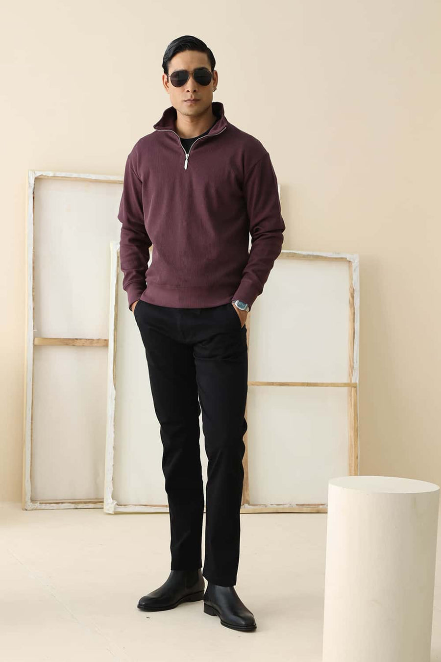 Basics Comfort Fit Raisin Cotton High Neck Full Zipper Sweart Shirt