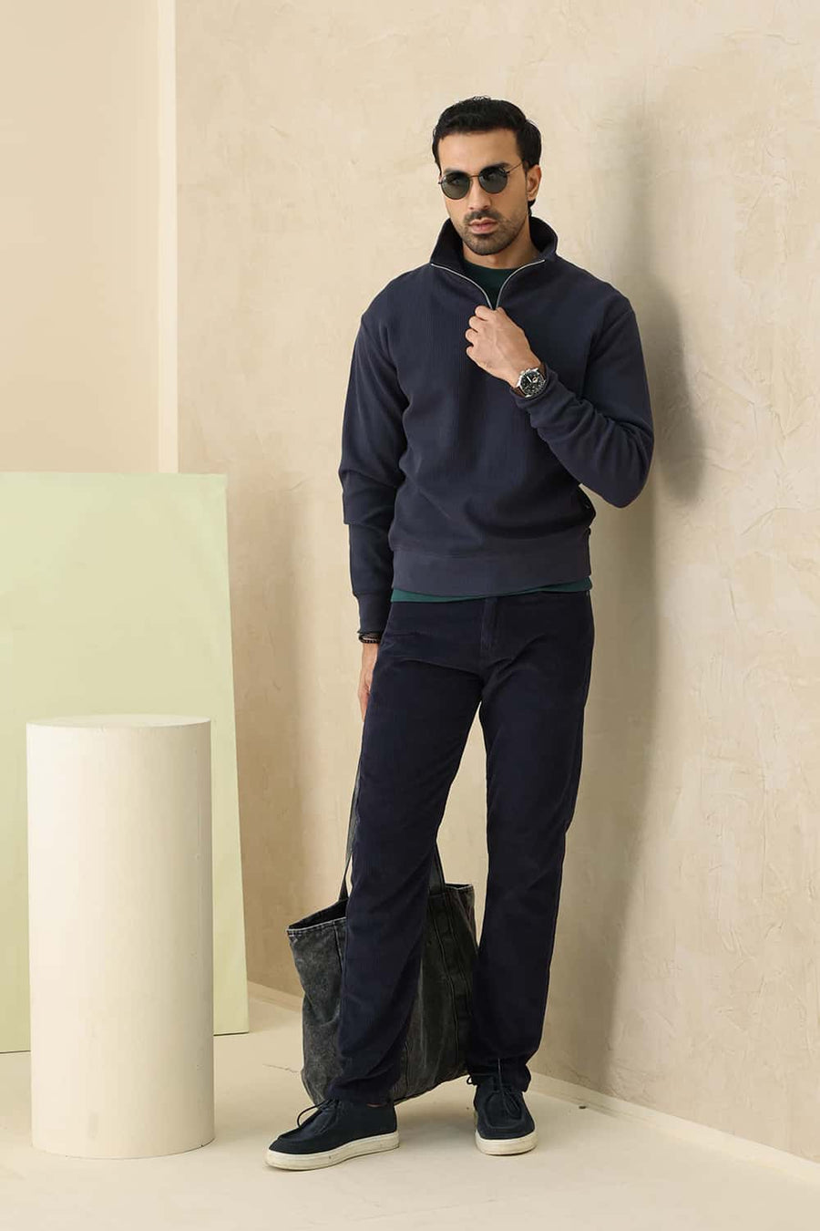 Basics Comfort Fit Black Cat Cotton High Neck Full Zipper Sweart Shirt