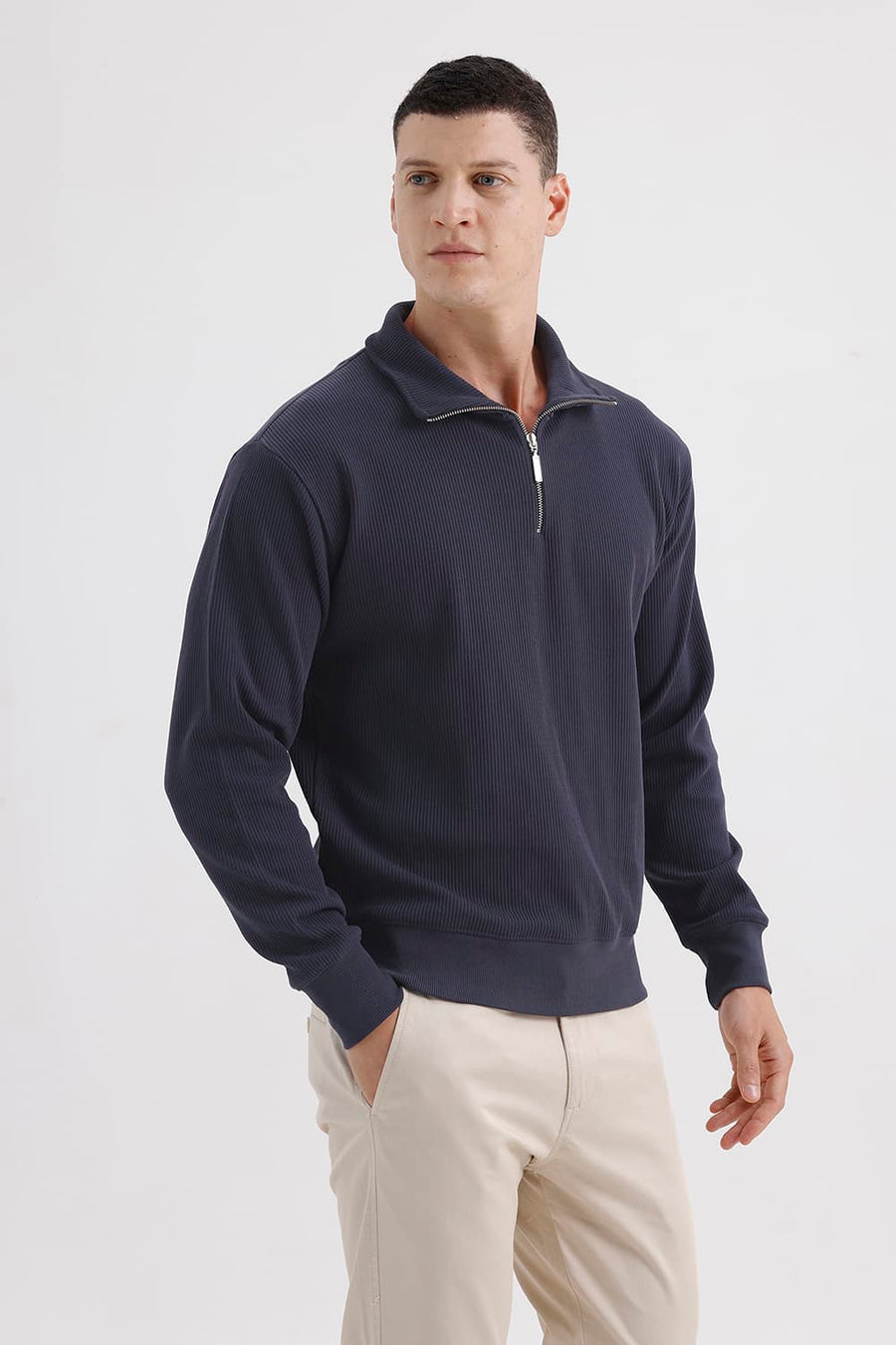 BASICS COMFORT FIT BLACK CAT COTTON HIGH NECK FULL ZIPPER SWEART SHIRT