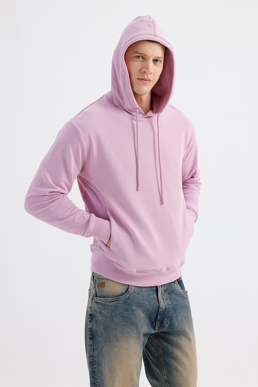 BASICS COMFORT FIT DWAN PINK COTTON HOOD WITHOUT POCKET SWEART SHIRT