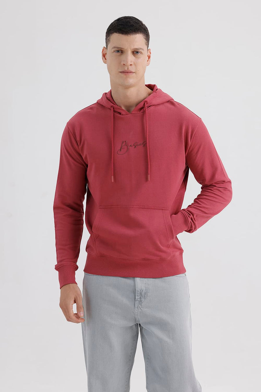 BASICS COMFORT FIT EARTH RED COTTON HOOD WITH POCKET SWEART SHIRT