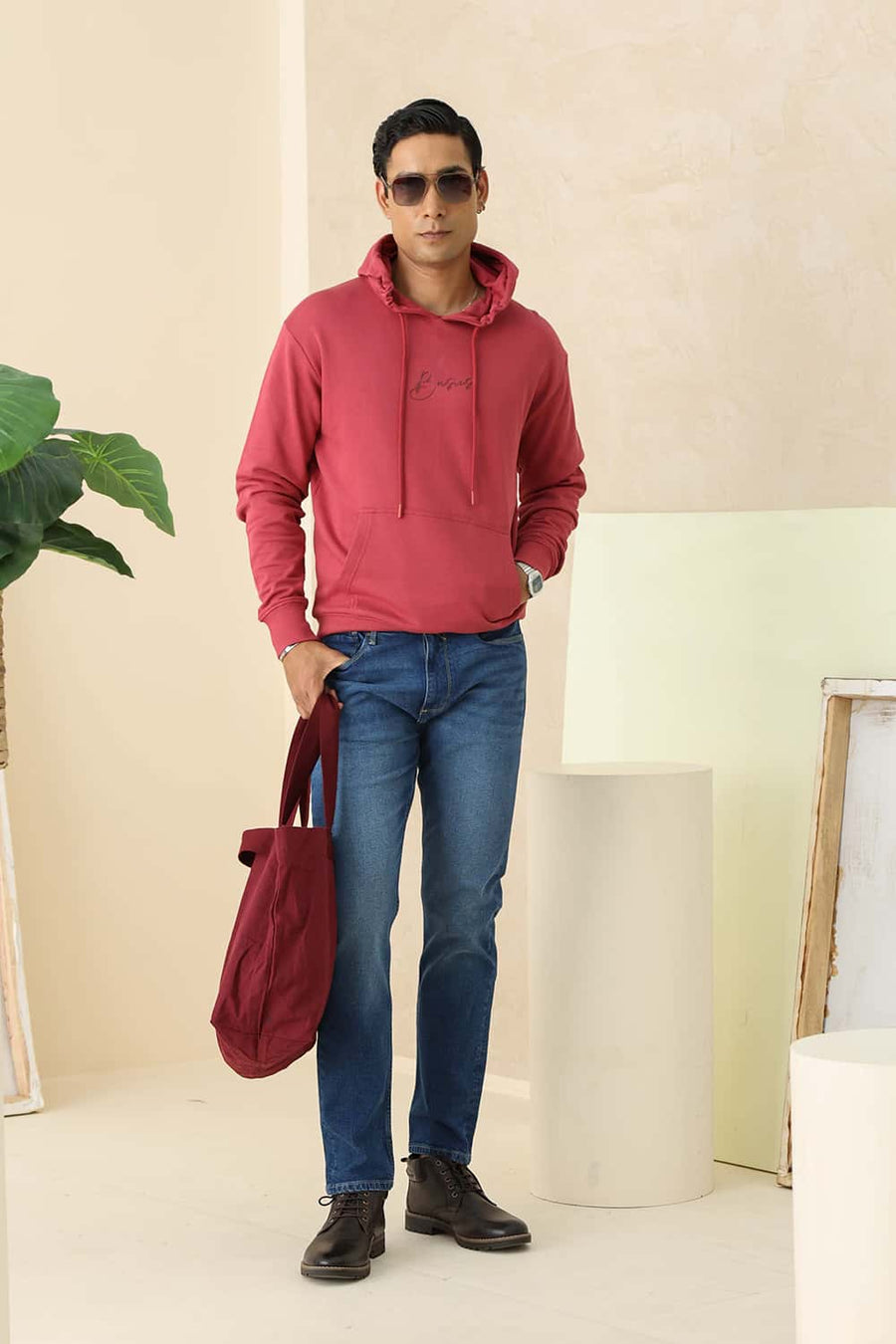 Basics Comfort Fit Earth Red Cotton Hood With Pocket Sweart Shirt