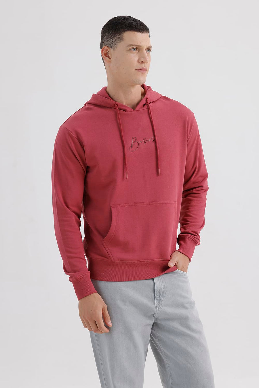 BASICS COMFORT FIT EARTH RED COTTON HOOD WITH POCKET SWEART SHIRT