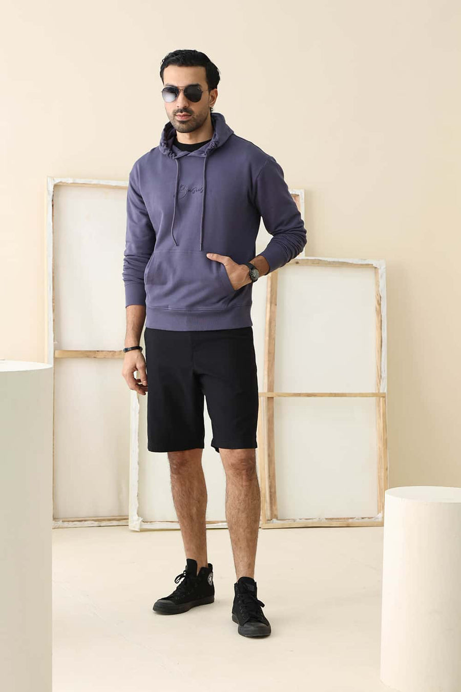 Basics Comfort Fit Graystone Cotton Hood With Pocket Sweart Shirt