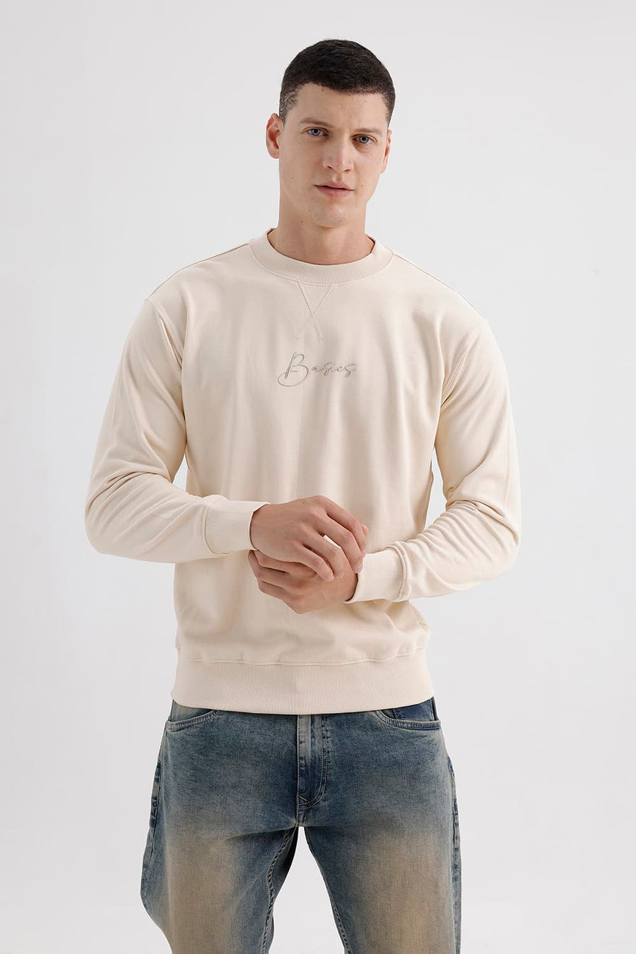 BASICS COMFORT FIT WHITE SWAN COTTON CREW SWEART SHIRT
