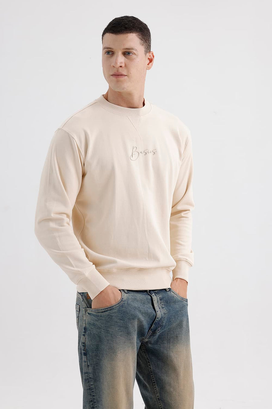 BASICS COMFORT FIT WHITE SWAN COTTON CREW SWEART SHIRT