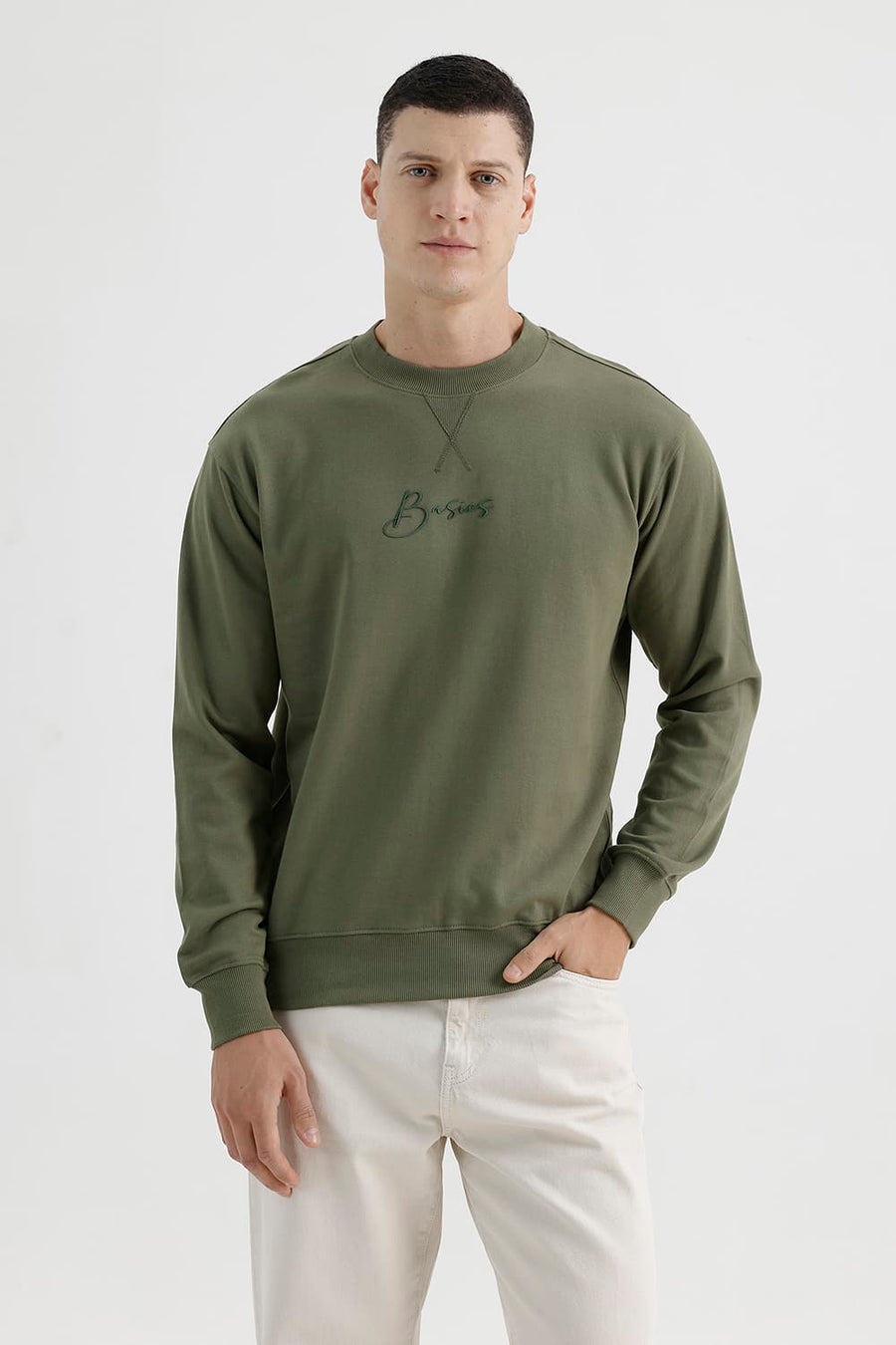 BASICS COMFORT FIT DEEP LICHEN GREEN COTTON CREW SWEART SHIRT