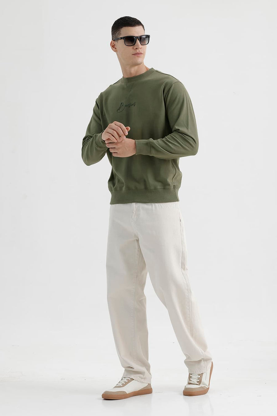 BASICS COMFORT FIT DEEP LICHEN GREEN COTTON CREW SWEART SHIRT