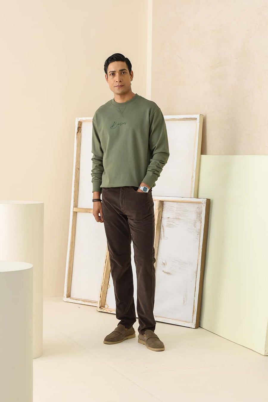 Basics Comfort Fit Deep Lichen Green Cotton Crew Sweart Shirt