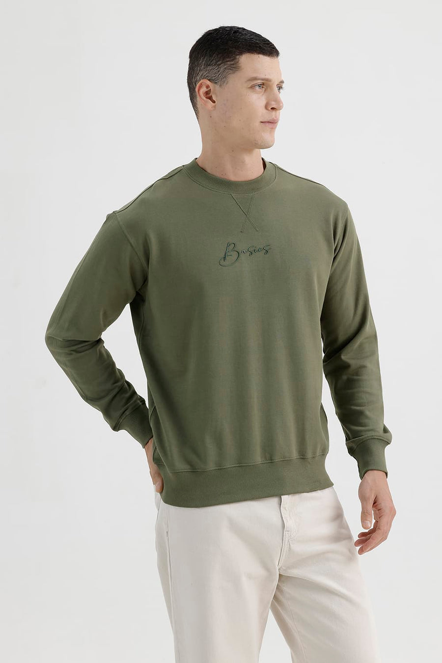 BASICS COMFORT FIT DEEP LICHEN GREEN COTTON CREW SWEART SHIRT