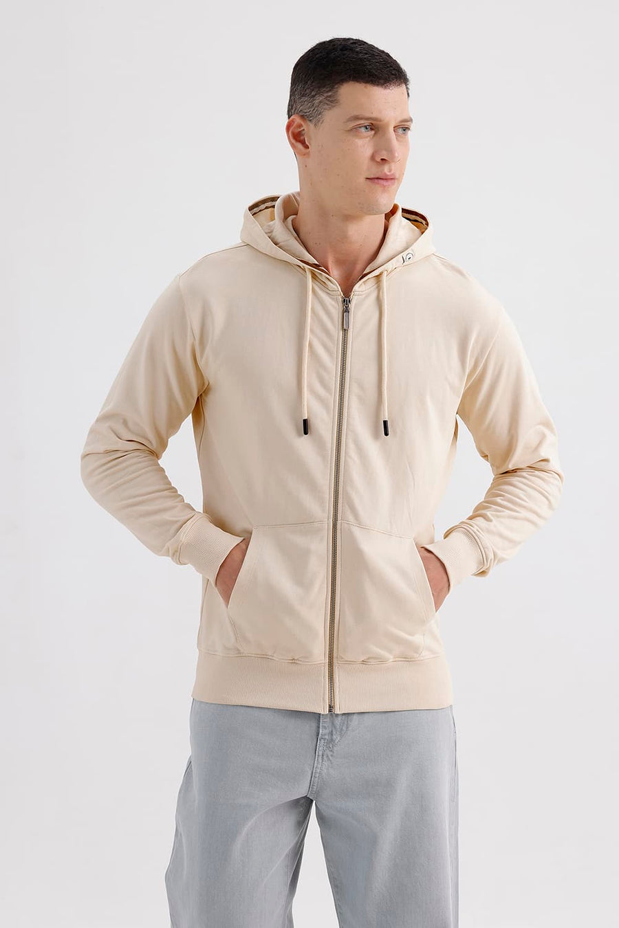 BASICS COMFORT FIT PARCHMENT COTTON HOOD FULL ZIPPER SWEART SHIRT