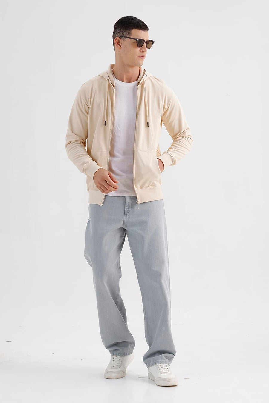 BASICS COMFORT FIT PARCHMENT COTTON HOOD FULL ZIPPER SWEART SHIRT