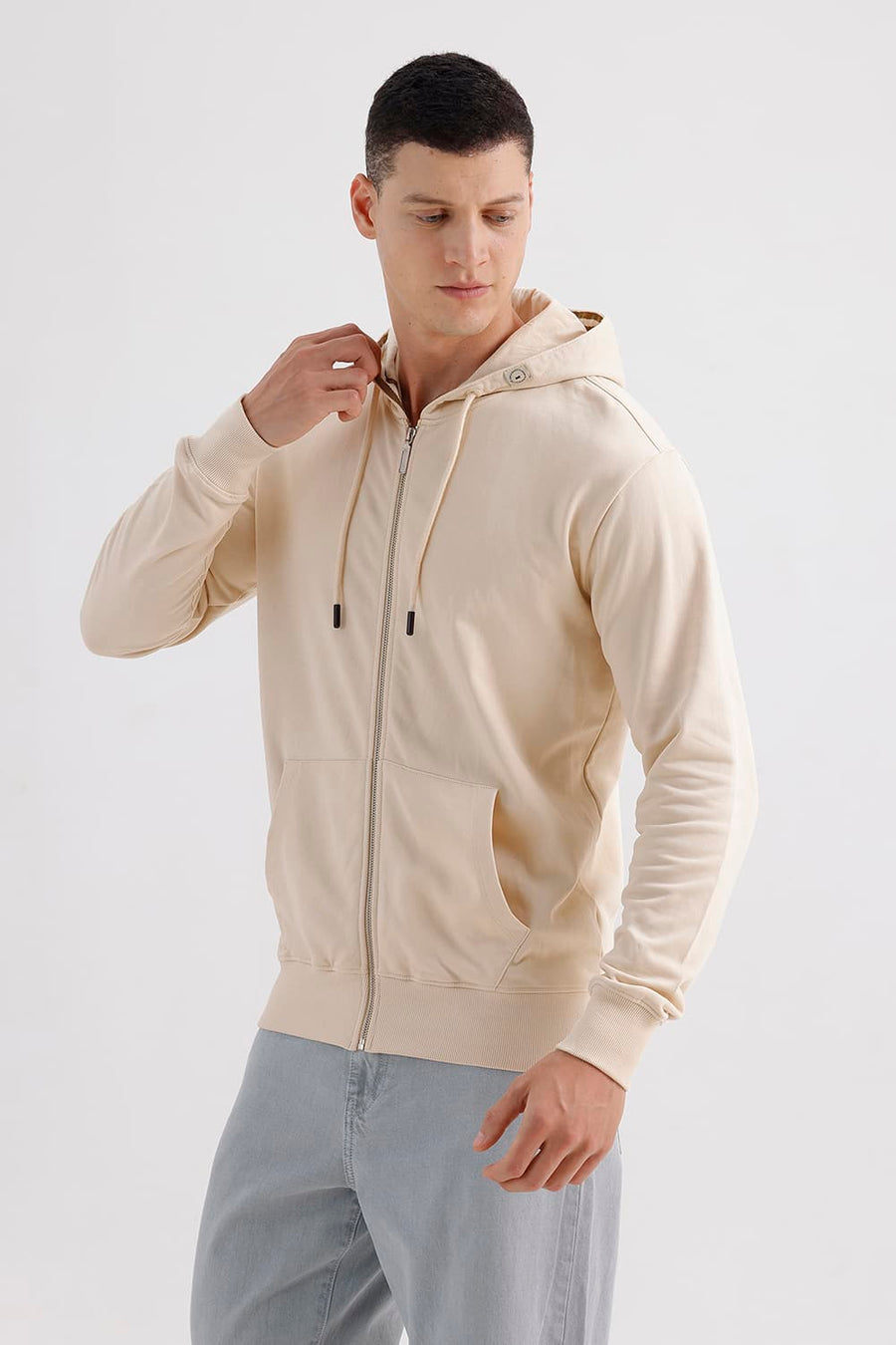 BASICS COMFORT FIT PARCHMENT COTTON HOOD FULL ZIPPER SWEART SHIRT