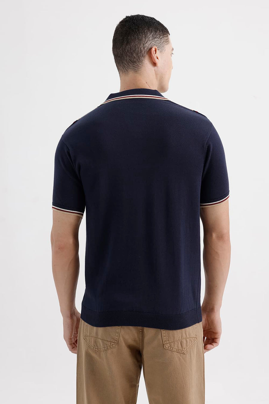 BASICS COMFORT FIT PAGEANT BLUE COTTON JOHNNY COLLAR STRIPE SWEART SHIRT