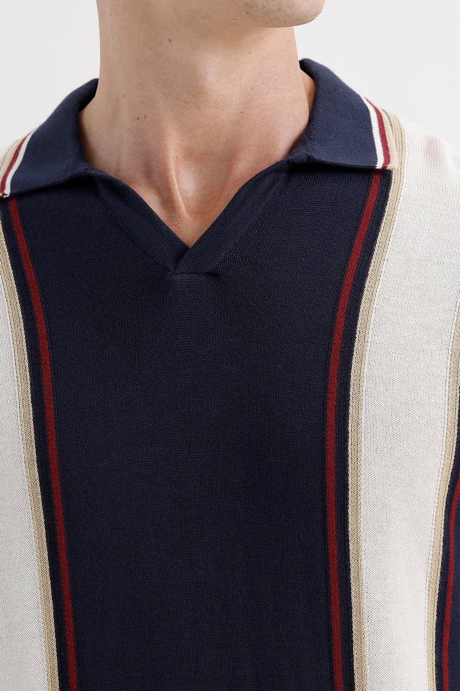 BASICS COMFORT FIT PAGEANT BLUE COTTON JOHNNY COLLAR STRIPE SWEART SHIRT