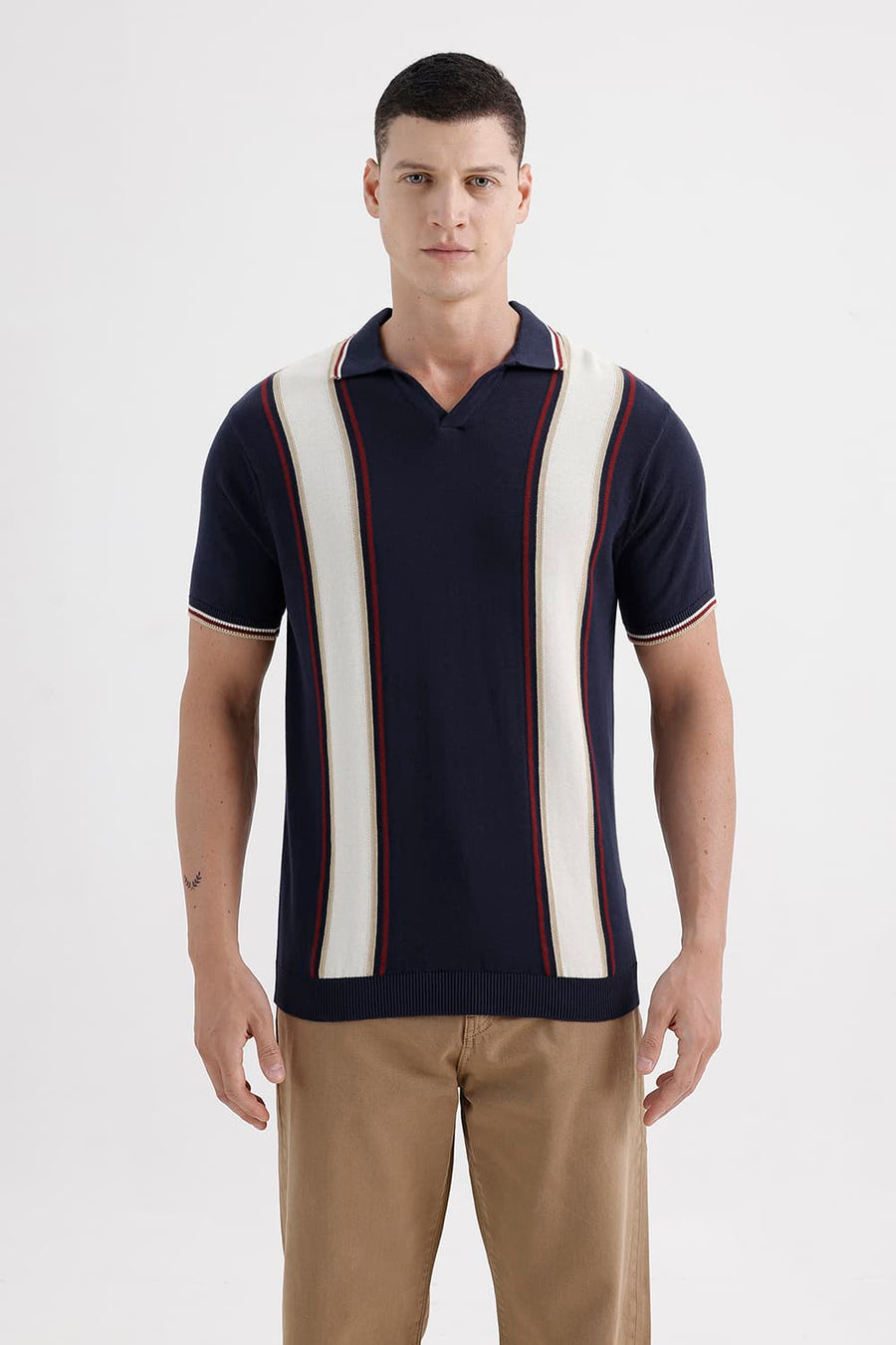 BASICS COMFORT FIT PAGEANT BLUE COTTON JOHNNY COLLAR STRIPE SWEART SHIRT