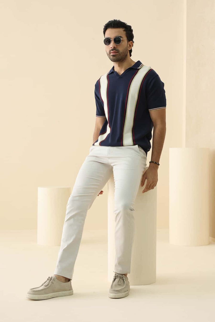 Basics Comfort Fit Pageant Blue Cotton Johnny Collar Stripe Sweart Shirt