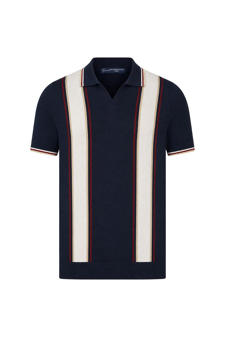 BASICS COMFORT FIT PAGEANT BLUE COTTON JOHNNY COLLAR STRIPE SWEART SHIRT