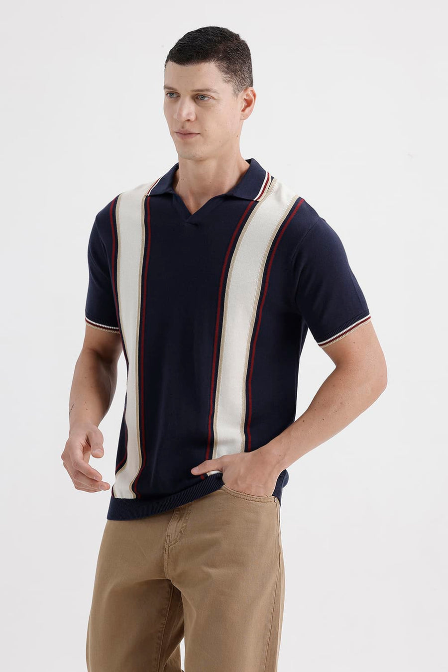 BASICS COMFORT FIT PAGEANT BLUE COTTON JOHNNY COLLAR STRIPE SWEART SHIRT