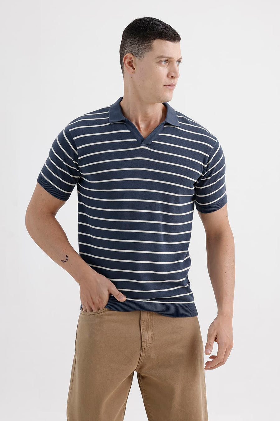 BASICS COMFORT FIT TITAN COTTON JOHNNY COLLAR STRIPE SWEART SHIRT
