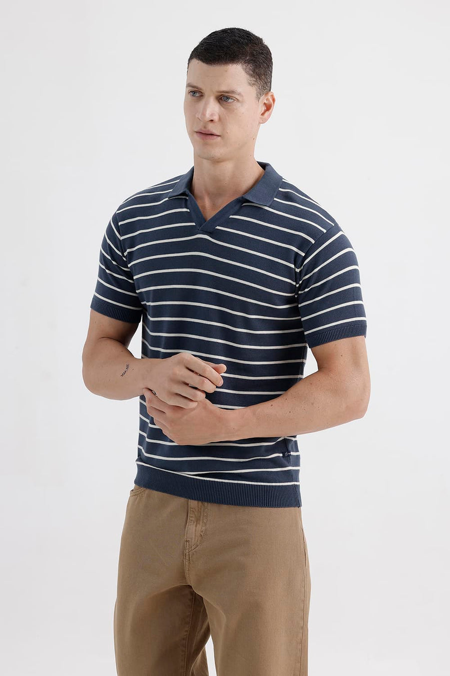 BASICS COMFORT FIT TITAN COTTON JOHNNY COLLAR STRIPE SWEART SHIRT