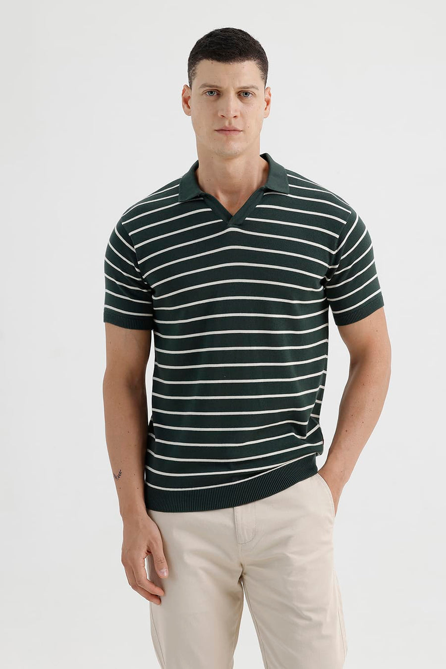 BASICS COMFORT FIT BOTANICAL GARDEN COTTON JOHNNY COLLAR STRIPE SWEART SHIRT
