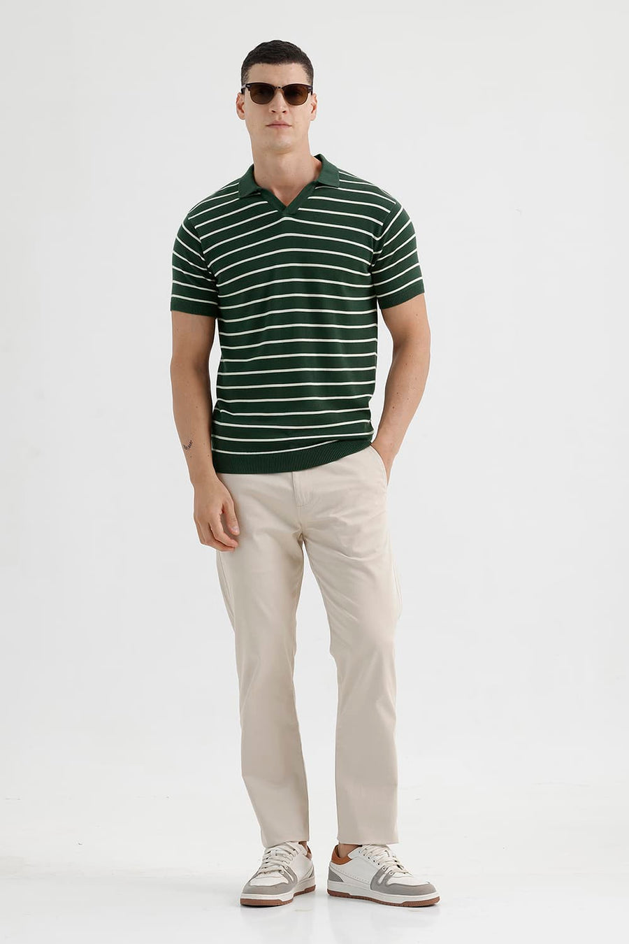BASICS COMFORT FIT BOTANICAL GARDEN COTTON JOHNNY COLLAR STRIPE SWEART SHIRT