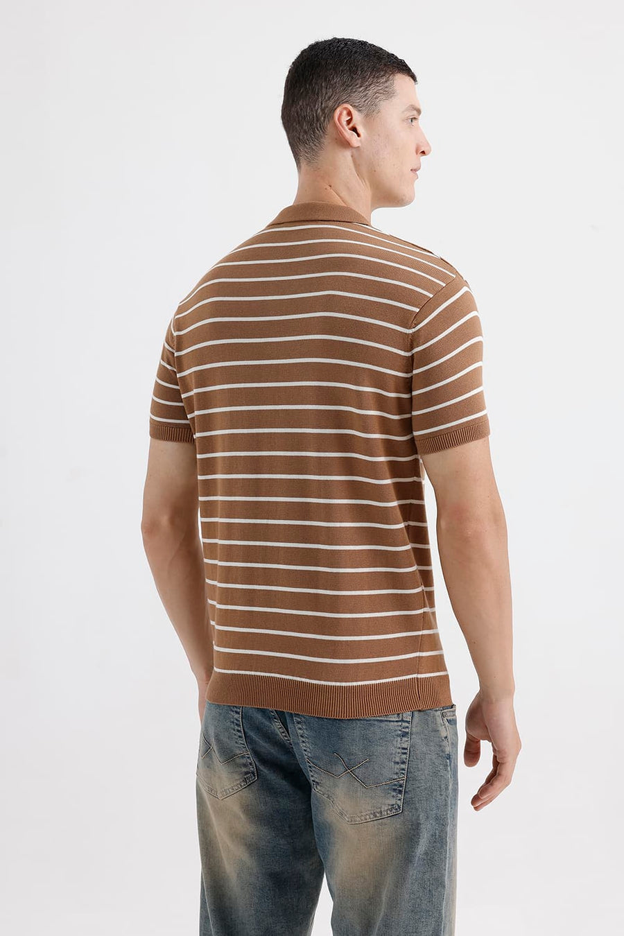 BASICS COMFORT FIT TOBACCO BROWN COTTON JOHNNY COLLAR STRIPE SWEART SHIRT