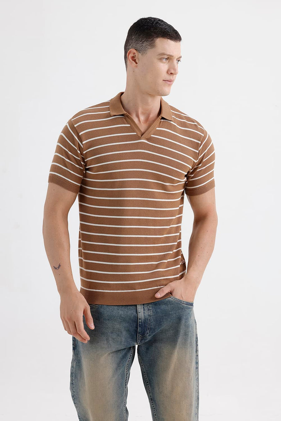 BASICS COMFORT FIT TOBACCO BROWN COTTON JOHNNY COLLAR STRIPE SWEART SHIRT