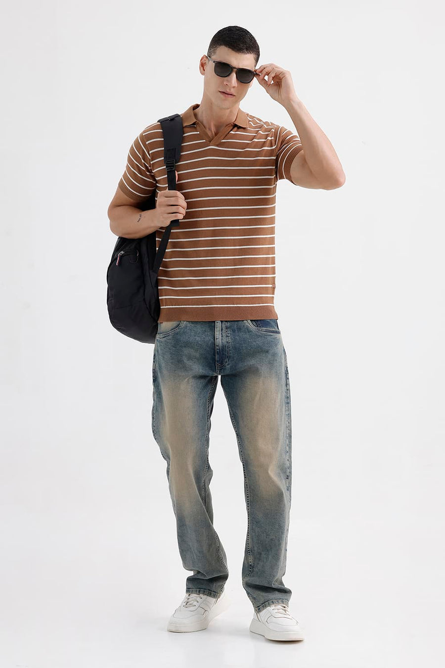 BASICS COMFORT FIT TOBACCO BROWN COTTON JOHNNY COLLAR STRIPE SWEART SHIRT